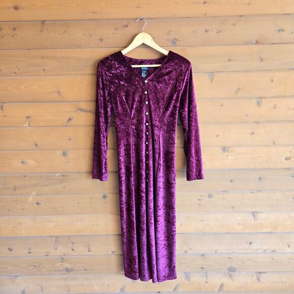 Vintage Burgundy Velvet Faux Button Front Midaxi Y2K Witchy Vamp Goth Renfair 12 - Picture 1 of 5